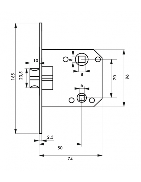 Serrure encastrable à condamnation pour salle de bain et toilette, axe 50mm, entr’axe 70 mm, bouts ronds - THIRARD FBA