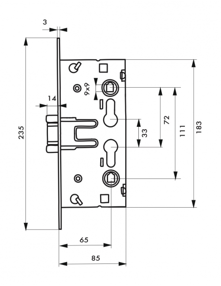 Boitier de serrure encastrable à cylindre pour porte de chaufferie, axe 65mm, industrie, anti-panique, bouts ronds - THIRARD FBA