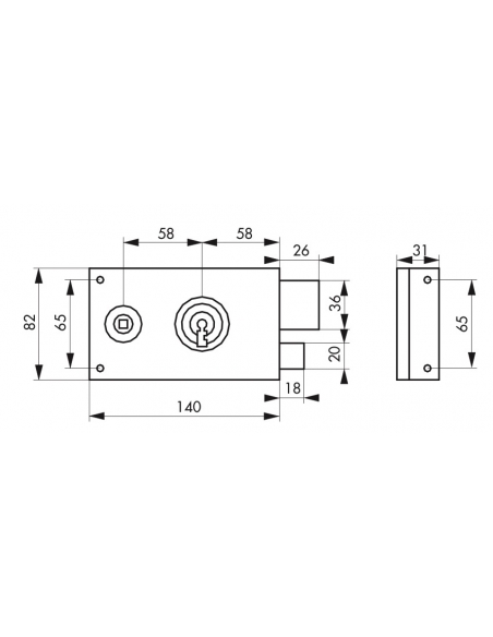Serrure horizontale en applique à clé à fouillot pour portail, droite, axe 58mm, 140x80mm, zingué, 2 clés - THIRARD FBA