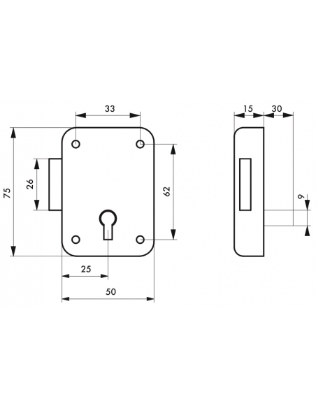 Serrure de meuble Paris pour porte d'ameublement, gauche, axe 25mm, 50x70mm, gris, 1 clé - THIRARD FBA