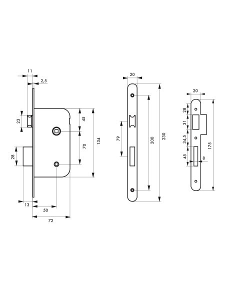 Serrure encastrable à condamnation pour porte de salle de bain et toilettes, axe 50mm, bouts ronds, gris - THIRARD FBA