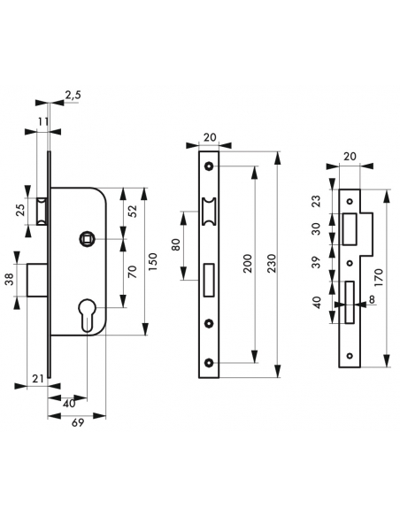 Boitier de serrure encastrable à cylindre pour porte d'entrée, axe 40mm, bouts ronds, noir - THIRARD FBA
