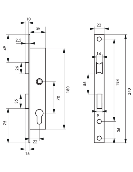 Boitier de serrure encastrable à cylindre pour menuiserie métallique, axe 22mm, bouts carrés, zingué - THIRARD Serrure Encast...