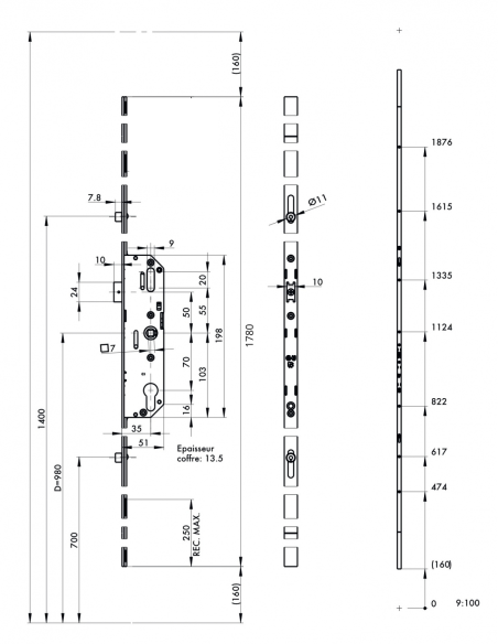 Boitier de serrure enc. Fenster à cylindre pour porte fenêtre, axe 35mm, 3pts, H. 1780mm, G-22777-18-L1 - FERCO by THIRARD Se...