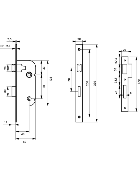Lot de 50 serrures encastrables NF à condamnation pour porte de salle de bain, axe 40mm, bouts carrés, inox - THIRARD Serrure...