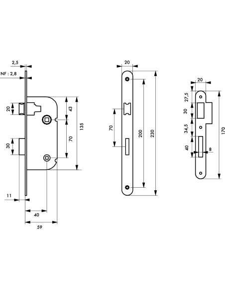 Lot de 50 serrures encastrables NF à condamnation pour porte de salle de bain, axe 40mm, bouts carrés, inox - THIRARD Serrure...