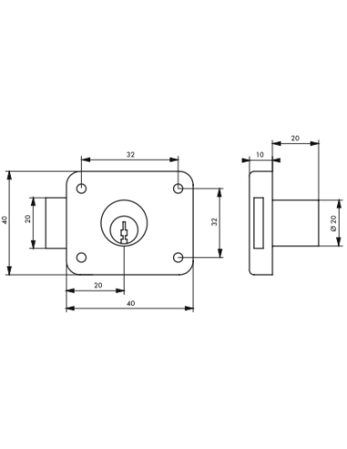 Serrure de meuble en applique pour porte d'ameublement en s'entrouvrant , axe 20mm, 40x40mm, nickelé, 2 clés - THIRARD Serrur...
