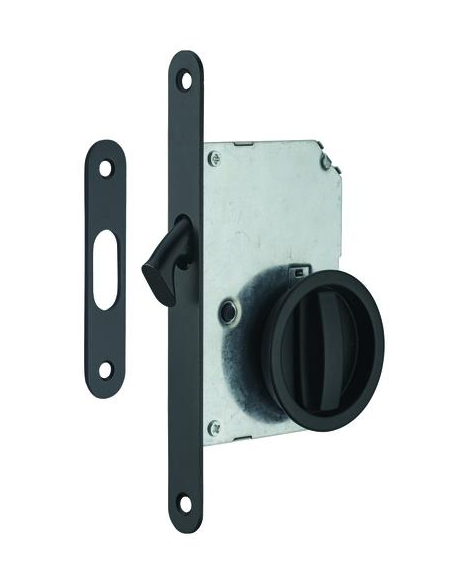 Serrure encastrable à crochet à condamnation pour porte coulissante, axe 50mm, bouts ronds, noir - THIRARD FBA
