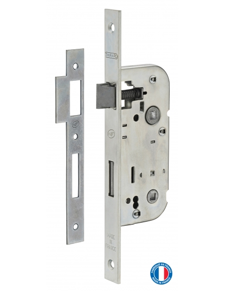 Serrure encastrable NF à condamnation pour salle de bain et toilette, axe 40mm, bouts carrés, zingué - THIRARD FBA