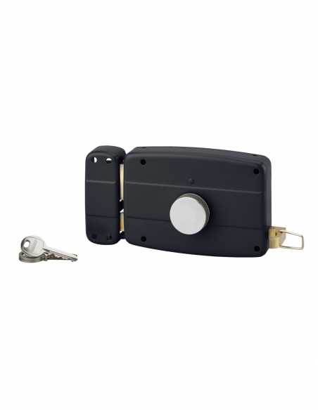 Serrure en applique à bouton pour porte de garage à battant, gauche, 140x90mm, axe 70mm, noir, 3 clés - THIRARD FBA