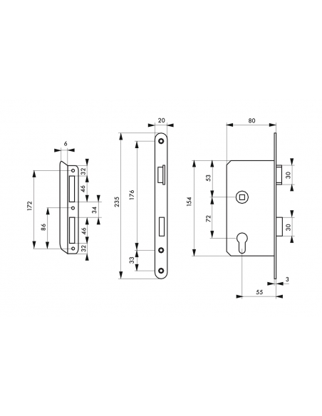 Boitier de serrure encastrable à cylindre pour porte d'entrée, droite, axe 55mm, bouts ronds - THIRARD FBA