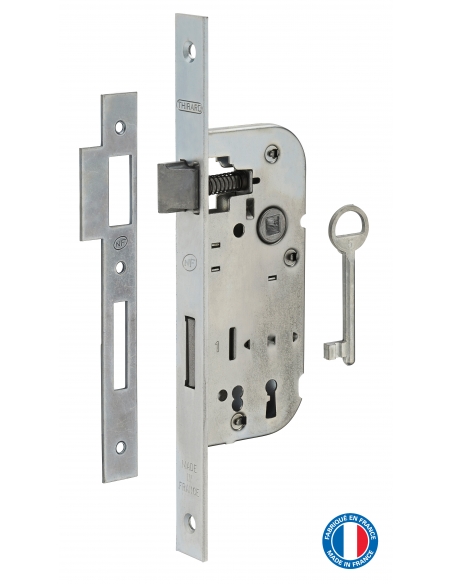 Serrure encastrable NF à clé pour porte de chambre, axe 40mm, bouts carrés, zingué, 1 clé - THIRARD FBA
