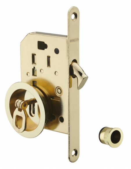 Serrure encastrable à crochet à clé pour porte de chambre coulissante, axe 50mm, bouts ronds, laiton - THIRARD FBA