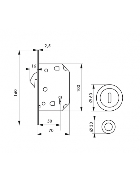 Serrure encastrable à crochet à clé pour porte de chambre coulissante, axe 50mm, bouts ronds, laiton - THIRARD FBA