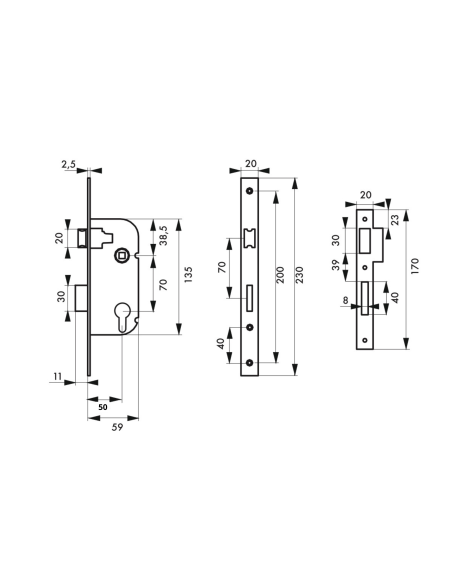 Boitier de serrure encastrable à cylindre pour porte d'entrée, axe 50mm, bouts ronds, zingué - THIRARD FBA