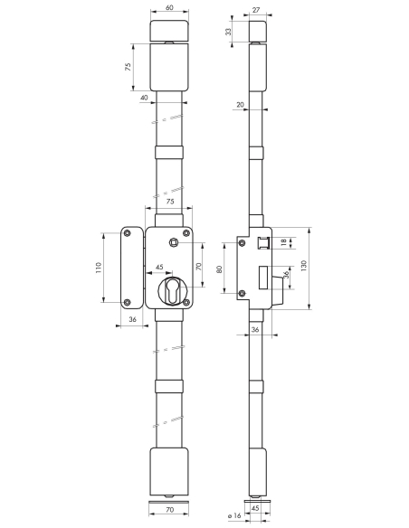 Boitier de serrure en applique Beluga à fouillot pour porte d'entrée, gauche, 3 pts, axe 45mm, gris- THIRARD Serrure 3 points...