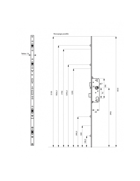 Boitier de serrure enc. Secury à cylindre ,entrée, axe 50mm, entr'axe 92mm, 5pts, H. 2150mm, 6-31998-17-0-1 - FERCO by THIRAR...