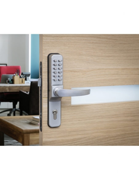 Serrure à combinaison avec paire de béquilles pour serrure encastrable pour porte d'entrée, 8 chiffres, chromé - THIRARD FBA