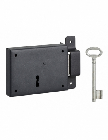 Serrure horizontale en applique à clé pour porte de cave, pêne seul, droite, axe 60mm, 110x80mm, noir, 1 clé - THIRARD FBA