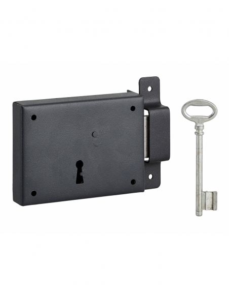 Serrure horizontale en applique à clé pour porte de cave, pêne seul, droite, axe 60mm, 110x80mm, noir, 1 clé - THIRARD FBA