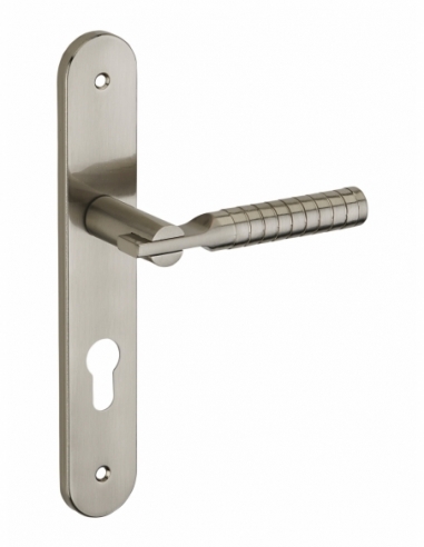 Ensemble de poignées pour porte d'entrée Diane trou de cylindre, carré 7mm, entr'axes 195mm, nickelé brossé - THIRARD FBA