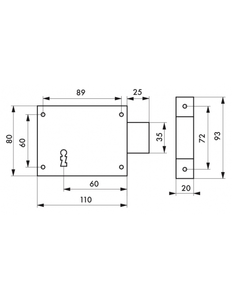 Serrure horizontale en applique à clé pour porte de cave, pêne seul, droite, axe 60mm, 110x80mm, noir, 2 clés - THIRARD FBA