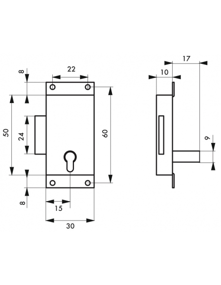 Serrure de meuble en applique pour porte d'ameublement, axe 15mm, 30x50mm, laiton, 1 clé - THIRARD FBA