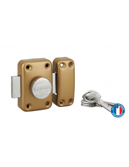 Verrou à bouton Trafic 6 pour porte d'entrée, cylindre 45mm, acier, 4 clés, époxy or - THIRARD FBA