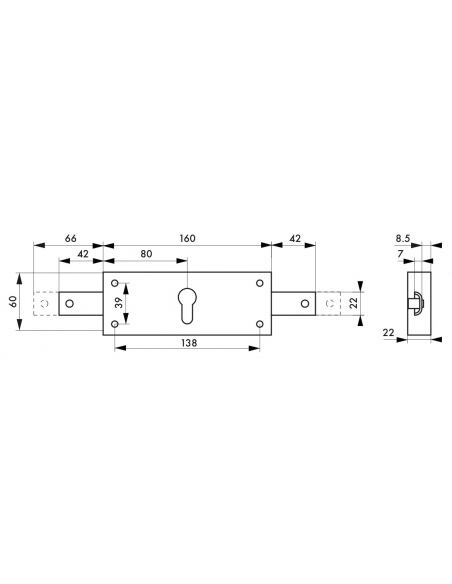 Boîtier de serrure en applique à cylindre pour rideau métallique, 2 pts latéraux, axe 80mm, 160x60mm, zingué - THIRARD FBA