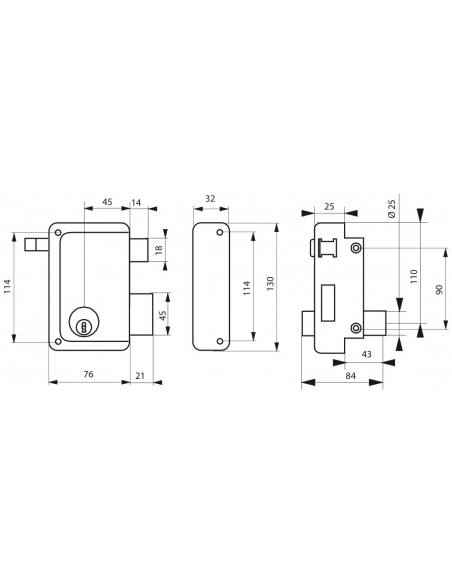 Serrure verticale en applique double entrée à tirage pour porte d'entrée, droit, 76x130mm, axe 45mm, noir, 3 clés - THIRARD FBA