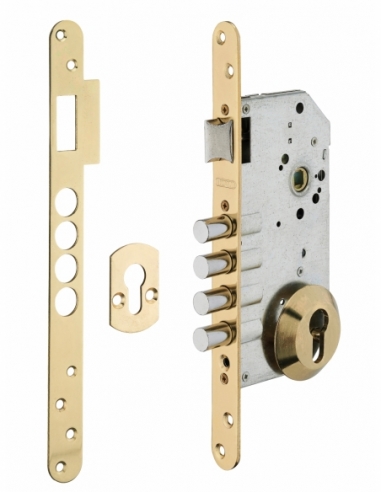 Boitier de serrure encastrable à cylindre pour porte d'entrée, axe 60mm, 4 pênes, bouts ronds, laiton - THIRARD FBA