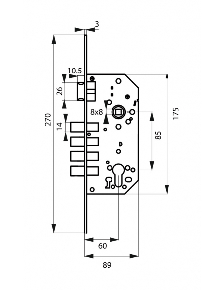 Boitier de serrure encastrable à cylindre pour porte d'entrée, axe 60mm, bouts ronds - THIRARD FBA