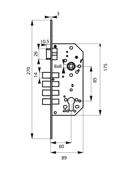 Boitier de serrure encastrable à cylindre pour porte d'entrée, axe 60mm, 4 pênes, bouts ronds, laiton - THIRARD FBA
