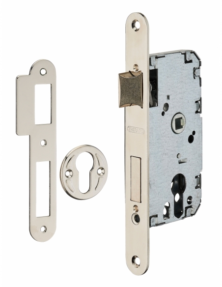 Boitier de serrure encastrable à cylindre pour porte d'entrée, axe 40mm, bouts ronds, têtière nickelée - THIRARD FBA