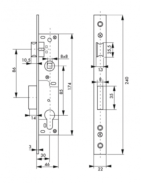 Boitier de serrure encastrable à cylindre pour menuiserie métallique, axe 30mm, L46, bouts carrés, zingué - THIRARD FBA