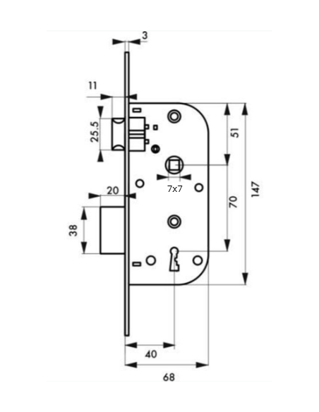Serrure encastrable à clé pour porte de chambre, axe 40mm, bouts carrés, 1 clés - THIRARD FBA