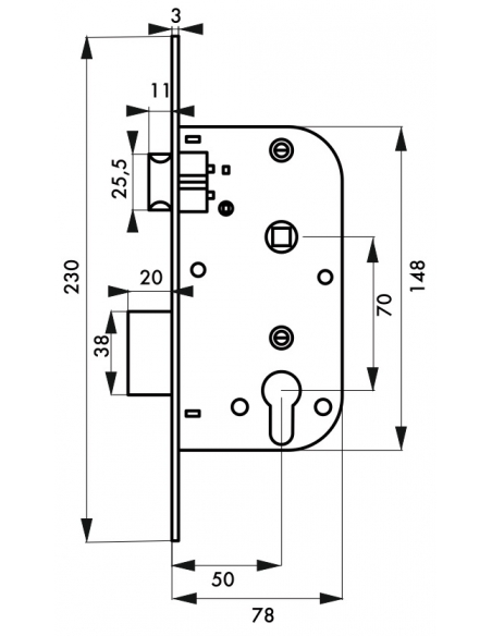 Boitier de serrure encastrable à cylindre pour porte d'entrée, axe 50mm, bouts carrés - THIRARD FBA