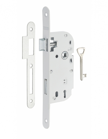 Serrure encastrable à clé pour porte de chambre, axe 40mm, bouts ronds, blanc, 1 clé - THIRARD FBA