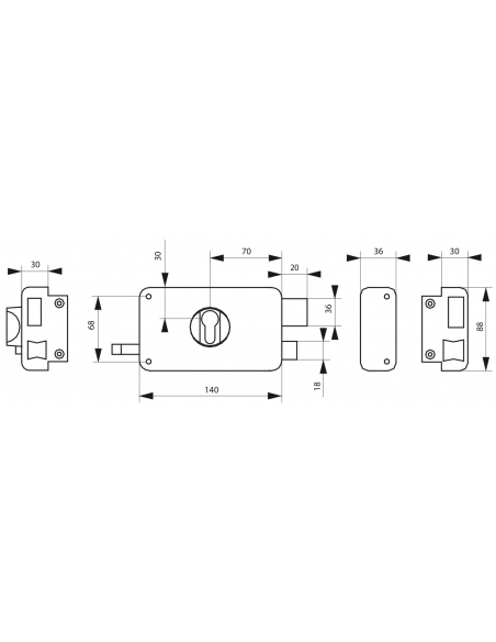 Boitier de serrure horizontale en applique double entrée à tirage pour entrée, droite, axe 70mm, 140x88mm, noir - THIRARD FBA