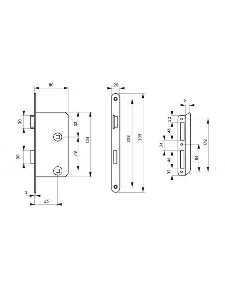 Serrure encastrable à condamnation pour salle de bain et toilette, gauche, axe 55mm, bouts ronds - THIRARD FBA