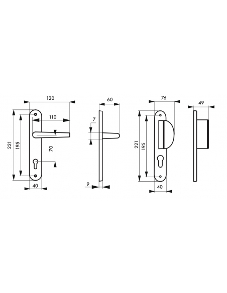 Ensemble de poignées pour porte d'entrée palière Chantilly trou de cylindre, carré 7mm, entr'axes 195mm, anodisé inox - THIRA...