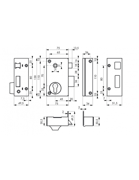 Boitier de serrure verticale en applique double entrée à fouillot pour entrée, axe 45mm, droite, 75x130mm, noir - THIRARD FBA