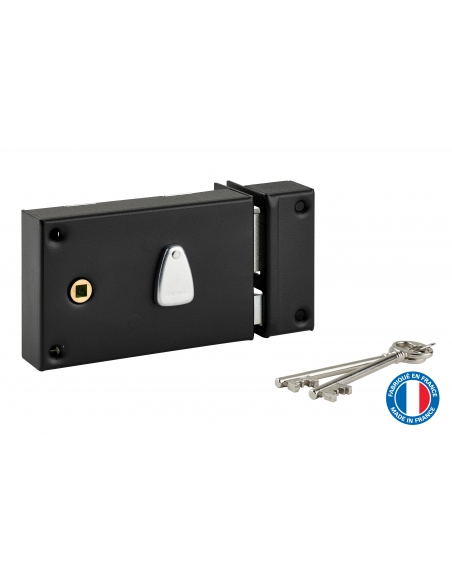 Serrure horizontale en applique à clé à fouillot pour portail, droite, axe 56mm, 140x82mm, noir, 2 clés - THIRARD FBA