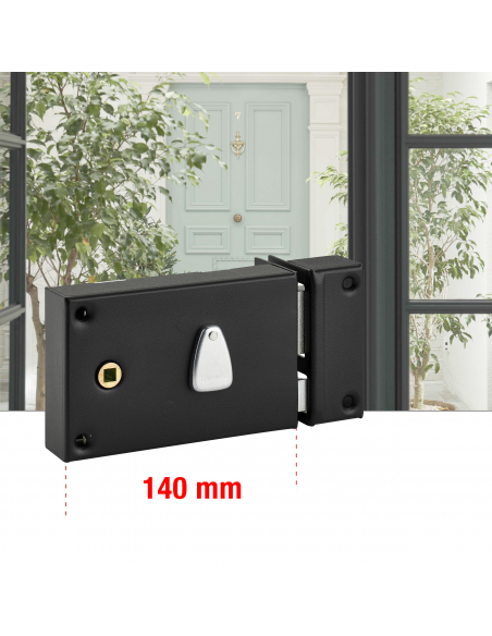 Serrure horizontale en applique à clé à fouillot pour portail, droite, axe 56mm, 140x82mm, noir, 2 clés - THIRARD FBA