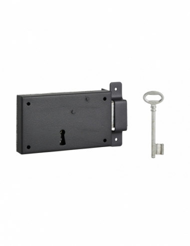 Serrure horizontale en applique à clé pour porte de cave, pêne seul, droite, axe 80mm, 140x80mm, noir, 1 clé - THIRARD FBA