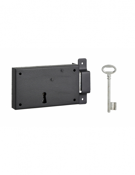 Serrure horizontale en applique à clé pour porte de cave, pêne seul, droite, axe 80mm, 140x80mm, noir, 1 clé - THIRARD FBA
