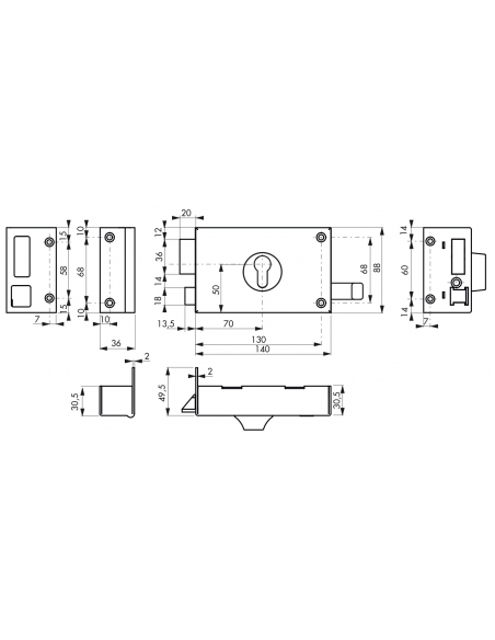Boitier de serrure horizontale en applique double entrée à tirage pour entrée, gauche, axe 70mm, 140x88mm, noir - THIRARD FBA