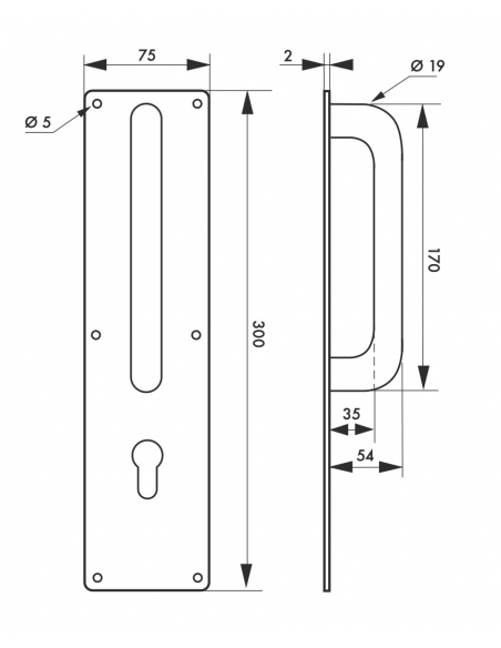 Poignée pour porte battante avec plaque inox, 300mm, pour cylindre profilé - THIRARD FBA